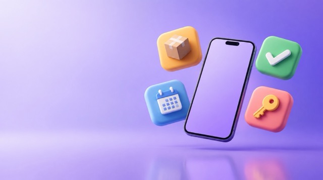 Un teléfono con la app de Kondus flotando entre fichas de colores con un paquete, un calendario, una palomita y una llave.