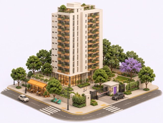 Ilustración isométrica de una torre residencial de quince pisos con lobby de cristal, caseta con pluma en la entrada y locales en la planta baja.